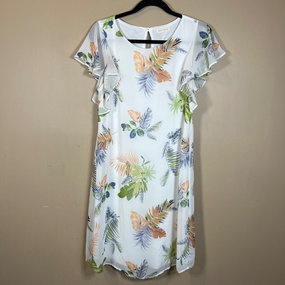 Stevie Hender Tropical Palm Print Flutter Sleeve Shift Dress White Small F151677